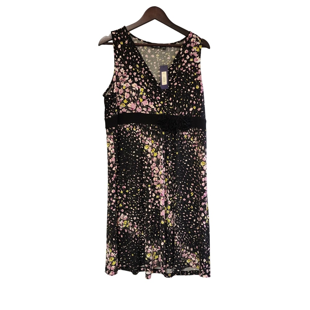 Apt. 9 Womens XL Floral Empire Waist Faux Wrap Sleeveless Dress Black Pink NWT